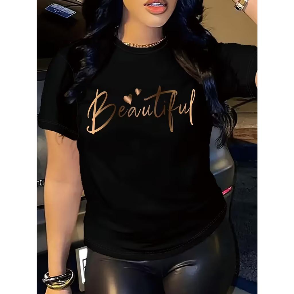 Letter Print Round Neck T-Shirt for Women, Versatile Short Sleeve Top for Spring and Summer