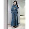 Koreanische Version Denim Casual Stil Besticktes Rundhals-Oberteil Rock Zweiteiliges Set Damen Frühling Sommer Neu Hochwertiger Anzug