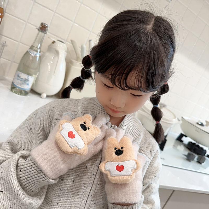 New Bear Children's Gloves Cute Cartoon High Value Warm and Cold-proof Finger Gloves Baby Plush Gloves
