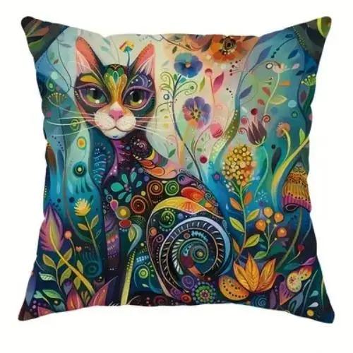 Home Decor Colorful Fantasy Cats Pattern Pillow Cover Pattern Cushion Cover Suitable for Sofa Bedroom Car Pillow Cover