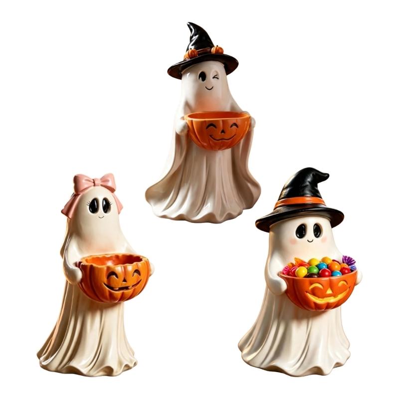 Halloween Tabletop Ghostly Decors With Pumpkin Candy Bowl, Resin Figurine for Entryway Mantels Shelf and Party Table Styling