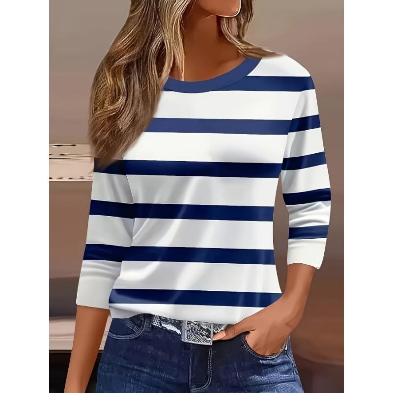

Жіноча футболка 3D проста однотонна смугастий принт модна з довгим рукавом круглий виріз звичайний топ святковий вихідний весна та осінь S