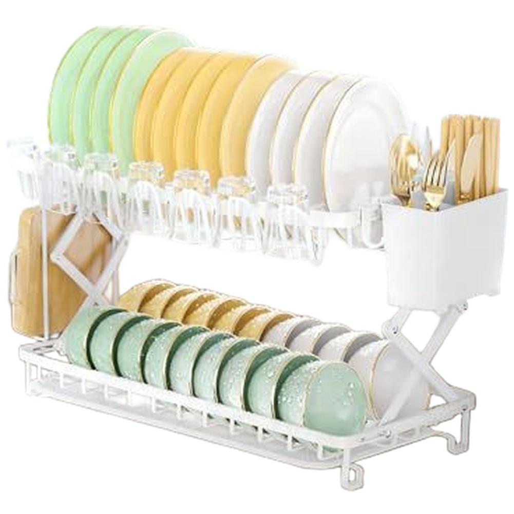Foldable 2 Tier Stainless Steel Kitchen Dish Rack With Utensil Holder And Non-Slip Base For Countertop Storage