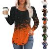 Women's Casual Long Sleeve T-Shirt Pleated Round Neck Halloween Print Top Stretchy Soft Fabric Comfortable Fit