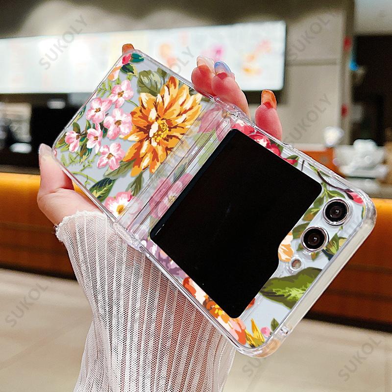 Flower Pattern Clear Case For Samsung Galaxy Z Flip 7 FE 6 5 4 3 Transparent Hard Folding Cover For Samsung Z Flip5 Flip4 Flip6