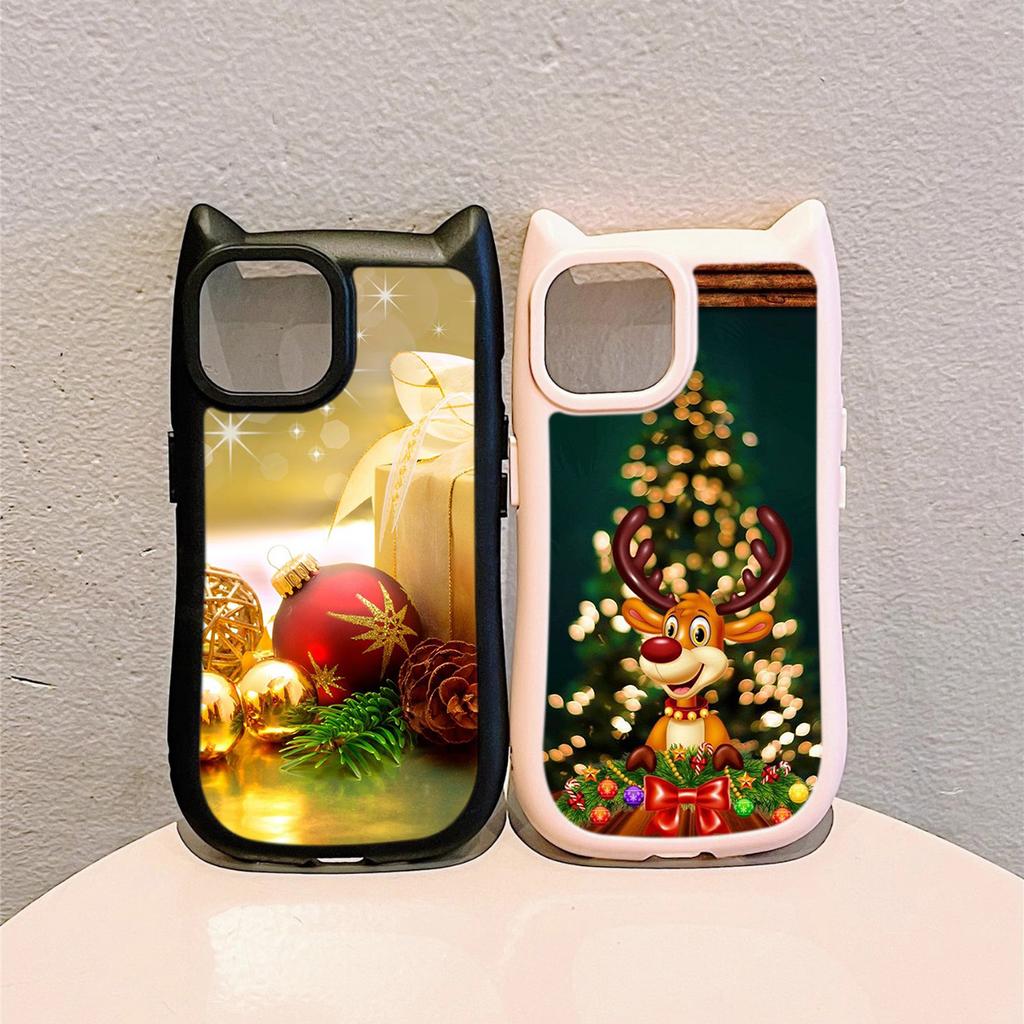 Cat Ear Soft Phone Case for iPhone 16 15 14 13 12 Pro Max Anti-Drop Transparent Acrylic Back Cover NY36 New Year Christmas Santa Claus Christmas tree
