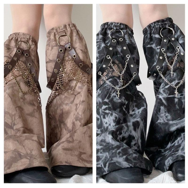 Damen Subkulturen Punk Netz-Spleißung Tie-Dye Beinwärmer Ösen PU-Riemen Kette Ausgestellte Baggy Fußabdeckungen Lange Socken