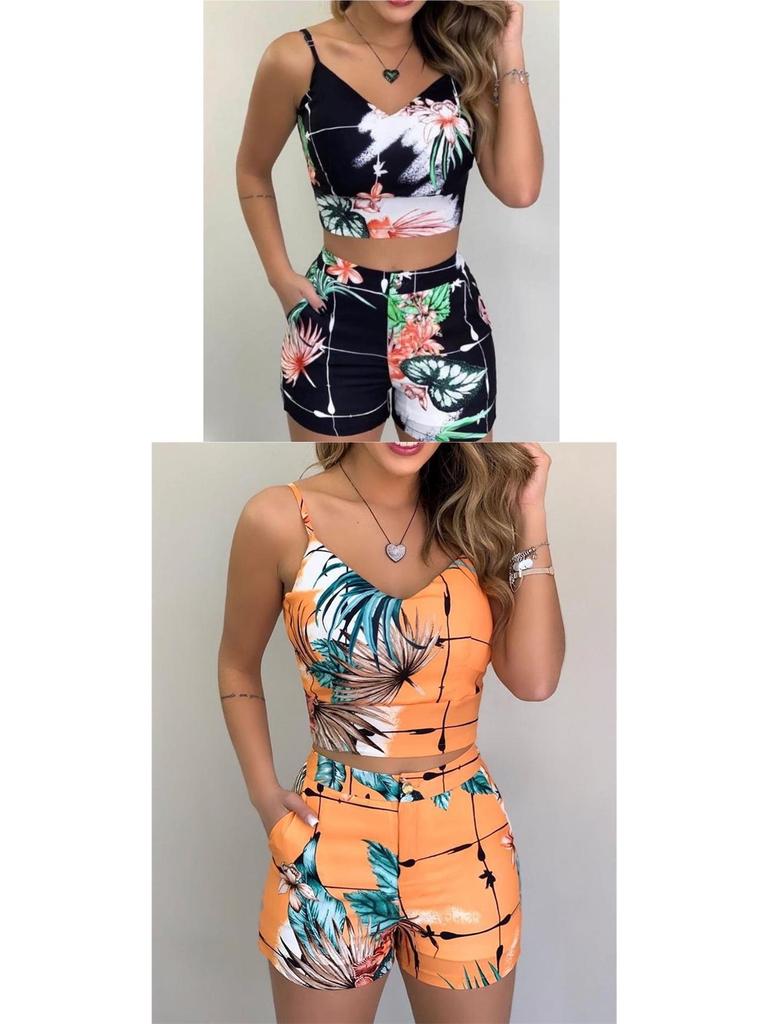 European and American Women's Summer Spaghetti Strap Slim-Fit Printed Shorts Set