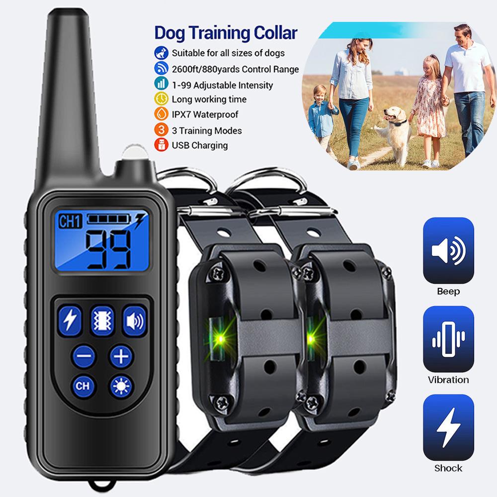 Rechargeable Remote Dog Training Collar, Waterproof Bark Stop Device, 800m Range, Automatic Shock Correction.