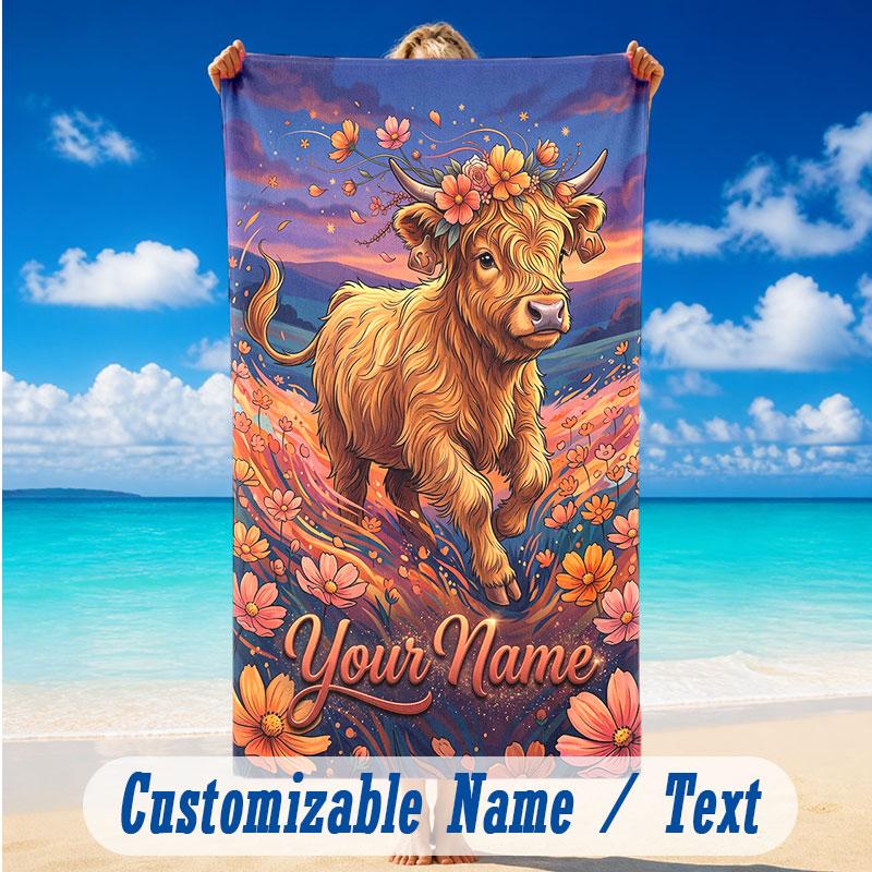 Cow Highland Theme Beach Towel Personalized Custom Name & Text Soft Quick Dry Beach Towel for Swimming Travel