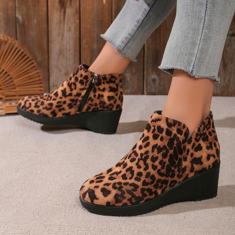 Fashion Women's Slope Heel Cotton Boots Winter New Round Head Suede Side Zipper Thick Sole Anti-slip Wear-resistant Low-top Shoes
