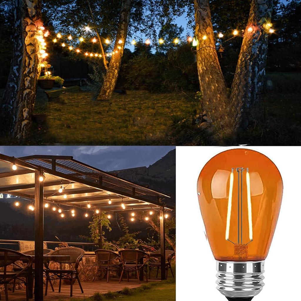 15 Pack Orange LED Bulb S14 Replacement LED Light Bulbs 2W Plastic Shatterproof LED Night Bulb E26 Base Orange String Lights Waterproof Vintage Bulb