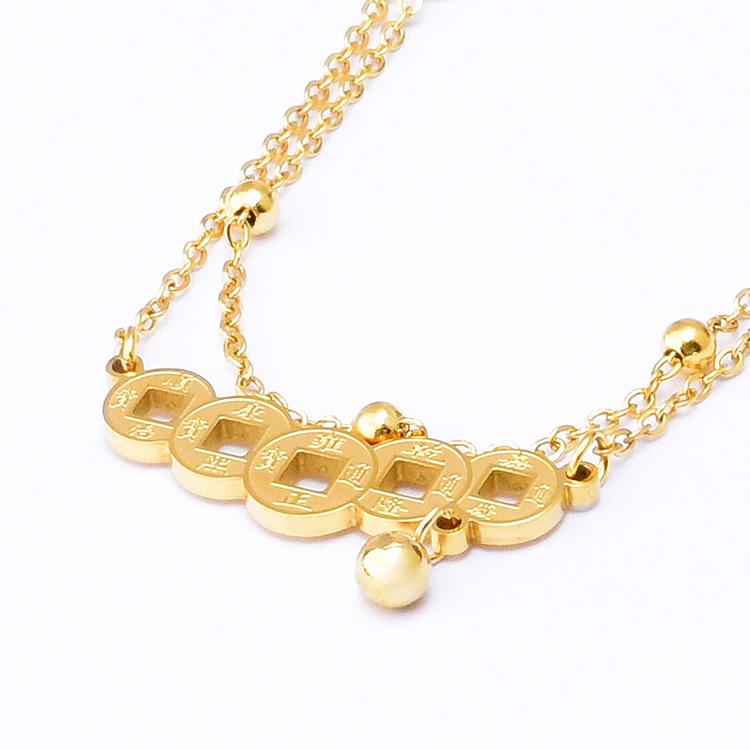 

Винтажный браслет на ногу в китайском стиле из двух слоев титановой стали с подвеской в виде медной монеты