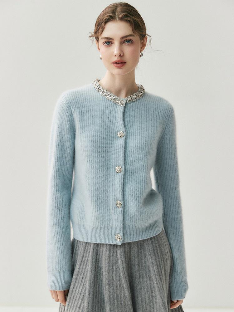 Women's Cashmere Cardigan Sweater Coat with Rhinestone-Embellished Round Neck, Light Luxury, Thickened Style, Long Sleeves.