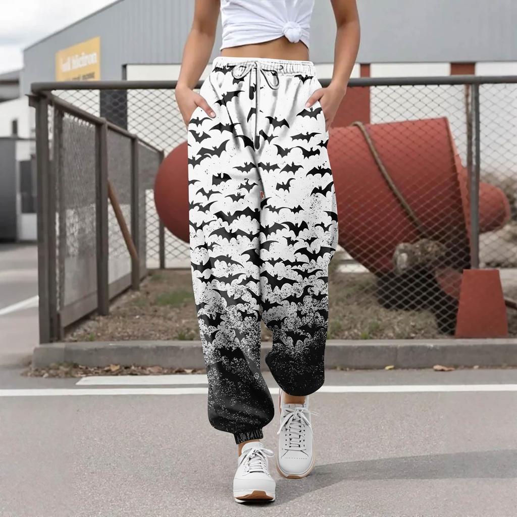 Pantalon de survêtement décontracté à imprimé Halloween pour femme, pantalon de loisirs, taille élastique avec cordon de serrage, pantalon à cordon de serrage
