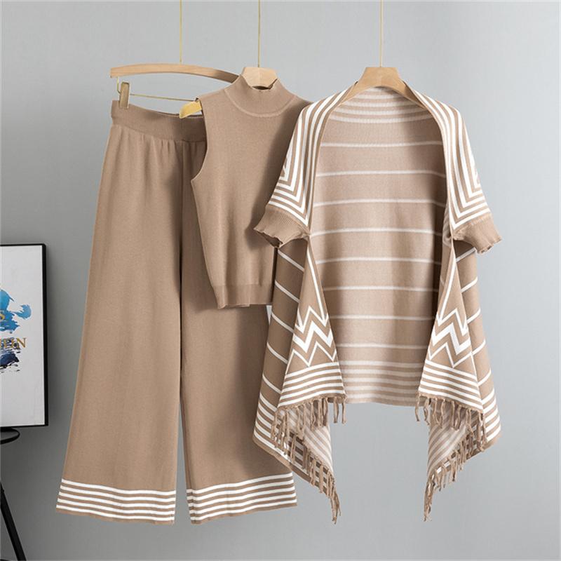 Casual Fashion Set Women's Autumn Winter Striped Shawl Coat Tank Top Wide Leg Pants 3 Piece Set