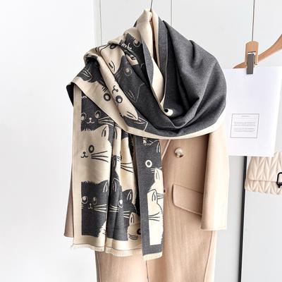 New Winter Autumn Warm Scarf For Women Imitation Cashmere Cotton Cat Print Shawl For Ladies Shawls Pashmina Stoles Wraps Blanket