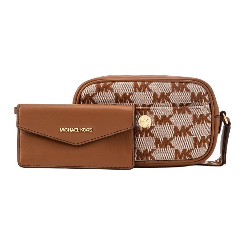Michael Kors Maisie 2 IN 1 Brand Logo Adjustable Shoulder Strap Cotton and Polyester Crossbody Bag Small Women's Brown