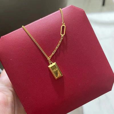 Rich Little Gold Brick Necklace for Women Good Luck Gold Small Gold Bar Clavicle Chain Golden Square Pendant