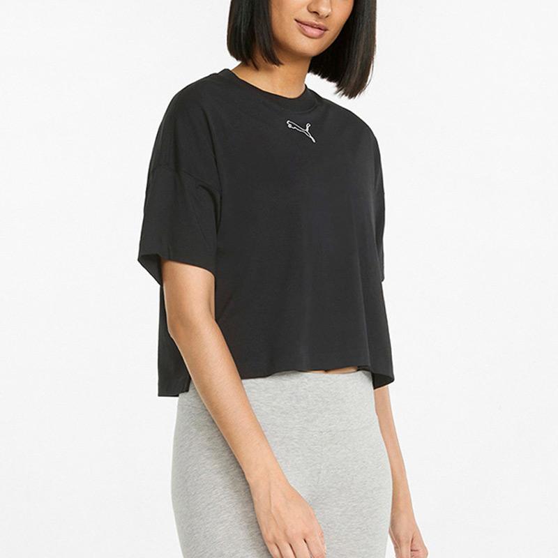 PUMA Her Cropped Tee Solid Color Sporty Casual Moisture-Wicking Anti-UV Breathable Loose Cropped Drop-Shoulder T-Shirt Women's Black