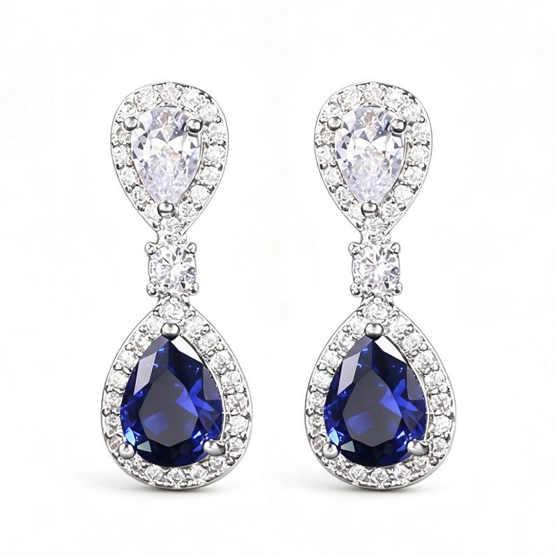Versatile new women, sapphire blue water drop bridal dinner earrings, European and American simple temperament elegant jewelry