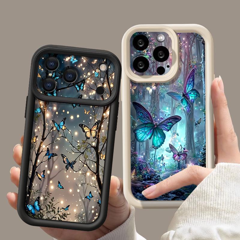 Měkké TPU Silikonové Pouzdro na Telefon Pro iPhone Air 16e 17 16 15 14 Pro Max 13 12 Pro 11 16 Plus Nárazuvzdorný Kryt se Vzorem Motýlů a Lesa