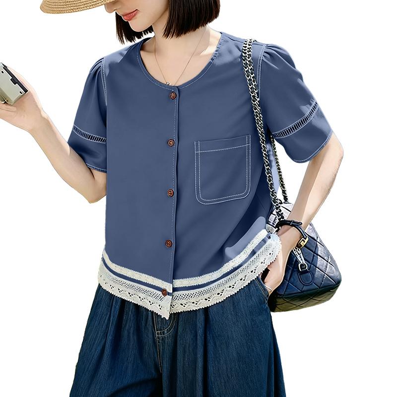 ZANZEA Damen Lässige Rundhals Sommer Kurzarm Spitze Patchwork Bluse