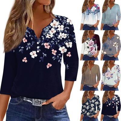 Damska koszulka T-shirt z nadrukiem Rękaw 3/4 Codzienny weekend Moda Podstawowy Dekolt w kształcie litery V Regularny top