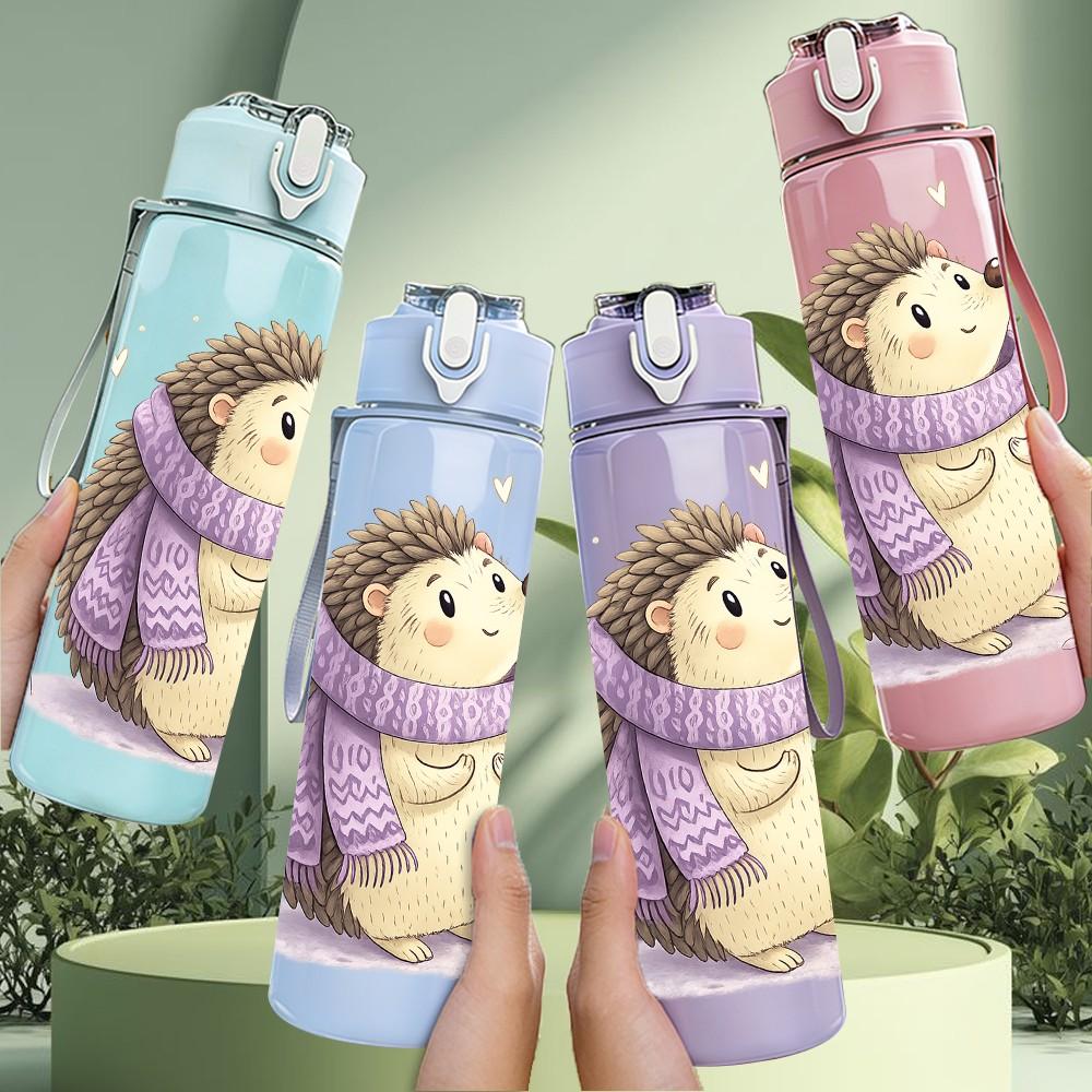 1PC Hedgehog Wear Knit Sweater Print 750ml Color Plastic Sports Water Bottle Leakproof Flip Straw Lid Suitable for Sports Office Home Use