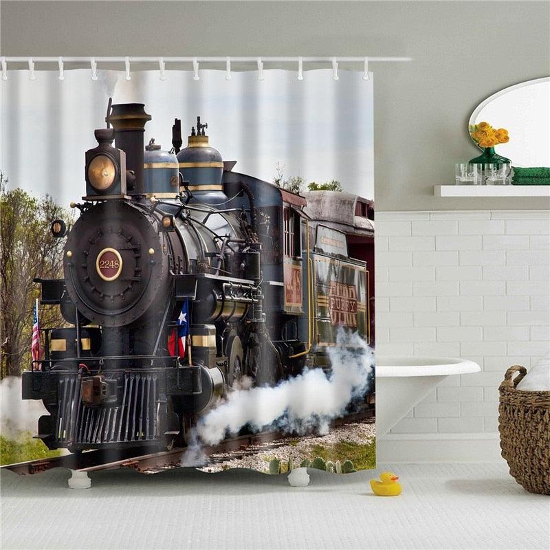 Retro and Old Age of Steam Train Shower Curtain 3d Printed Polyester Fabric Waterproof Bathroom Curtain Decoration With Hooks