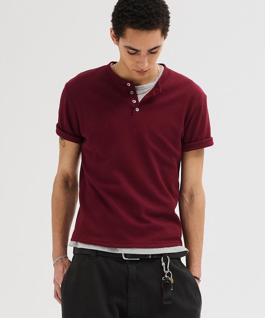 LEIRE Waffle Henley Neck Semi-Crop T-Shirt [Burgundy]