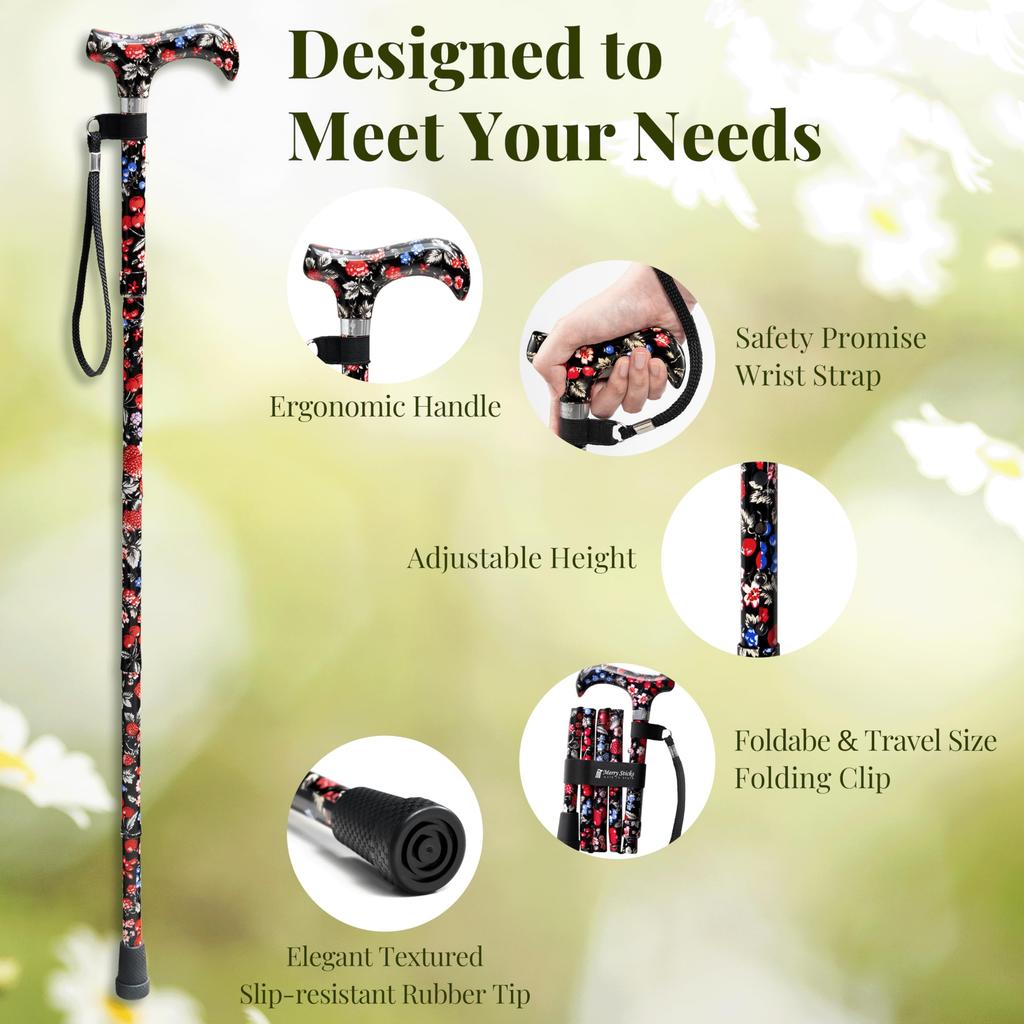 Merry Sticks Foldable Walking Adjustable Canes for Women and Folding and Collapsible Canes for Includes A Cane Bag and A Smart Reflective Cane Holder
