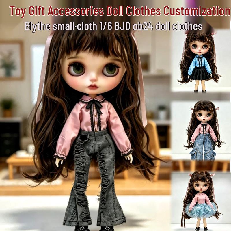 OB24 Blythe 1/6 Doll Outfit: Vintage Skinny Pants & Puff Sleeve Top