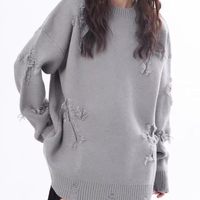 Men's Autumn/Winter Retro Ripped Knit Sweater - Round Neck, Thickened Pullover, Trendy American & Japanese Style