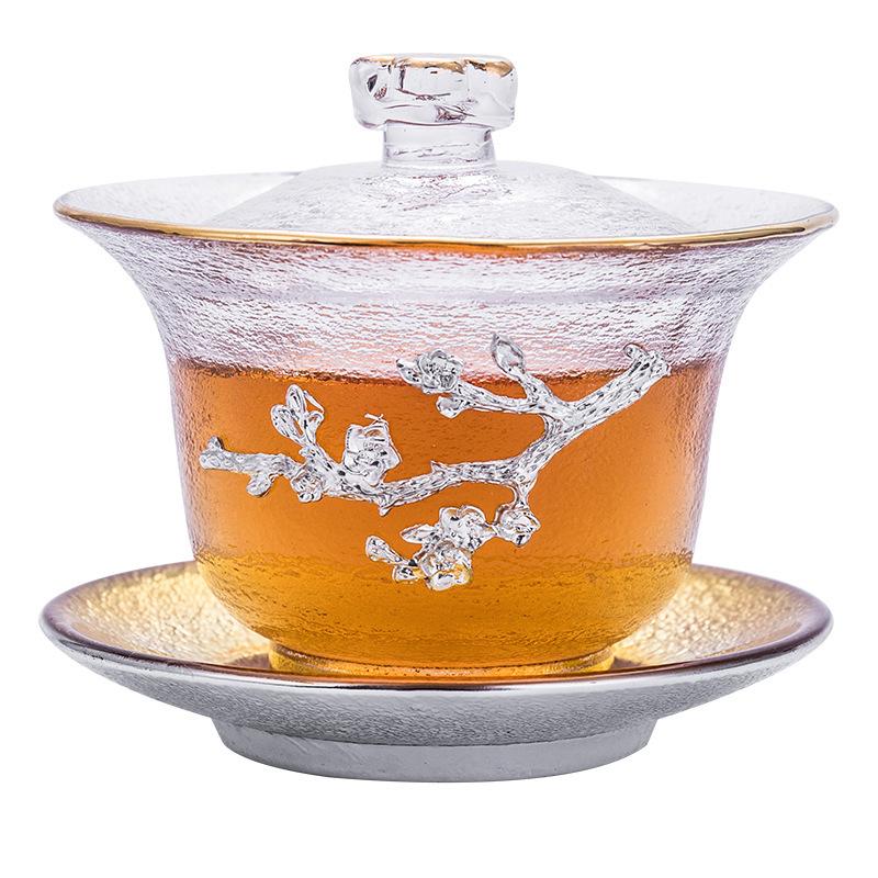 

Thick Heat-Resistant Pure Tin Gold Foil Plum Coloured Glaze Three-force Tureen Transparent Glass Tea Gaiwan Gift for Boyfriend