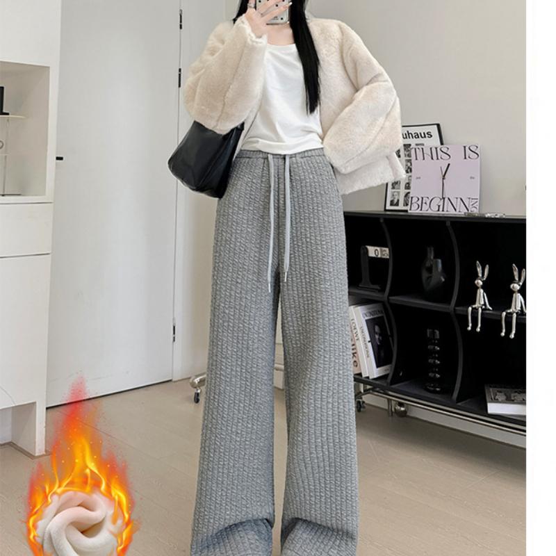White Cotton Wide-leg Pants for Women In Autumn and Winter New Loose Straight Plus Velvet Sweatpants for Laziness Style Sports Wide-leg Pants
