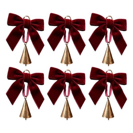 Holiday Party Hanging Ornaments 6 Pcs Velvet Bow with Bell Ornaments, Vintage Rustic Christmas Seasonal Decorative Decoration, Retro Jingle