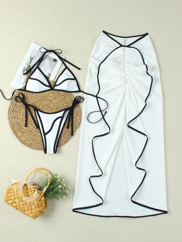 2025 European & American Color Block Bikini Dress 3-Piece Set for Seaside Vacation