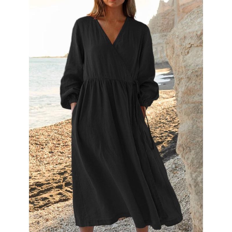 DICIFY Women's Fashion V-Neck Long Sleeve Autumn Winter Solid Color Print Casual Dresses