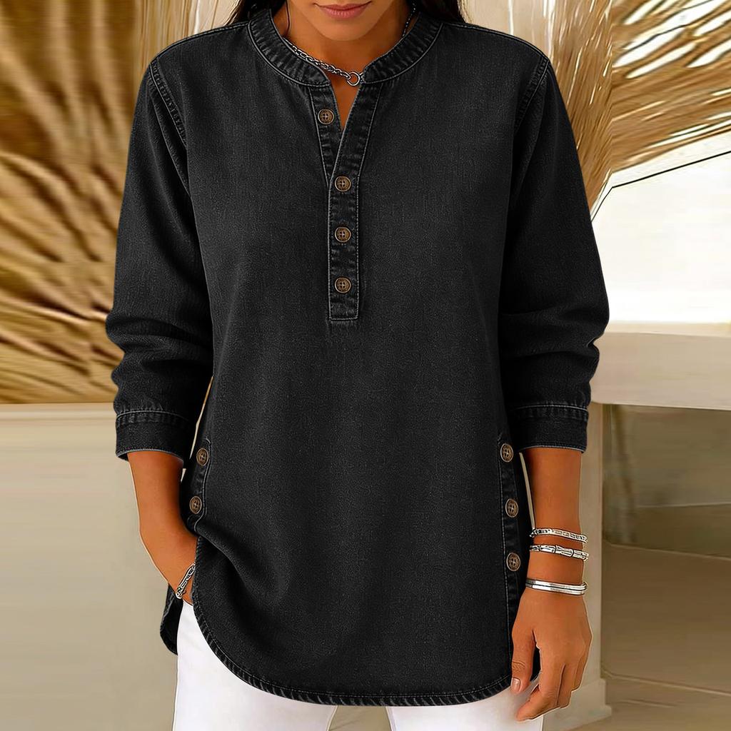 Ladies' Casual V-neck Button Imitation Denim Mid Long Sleeved Top