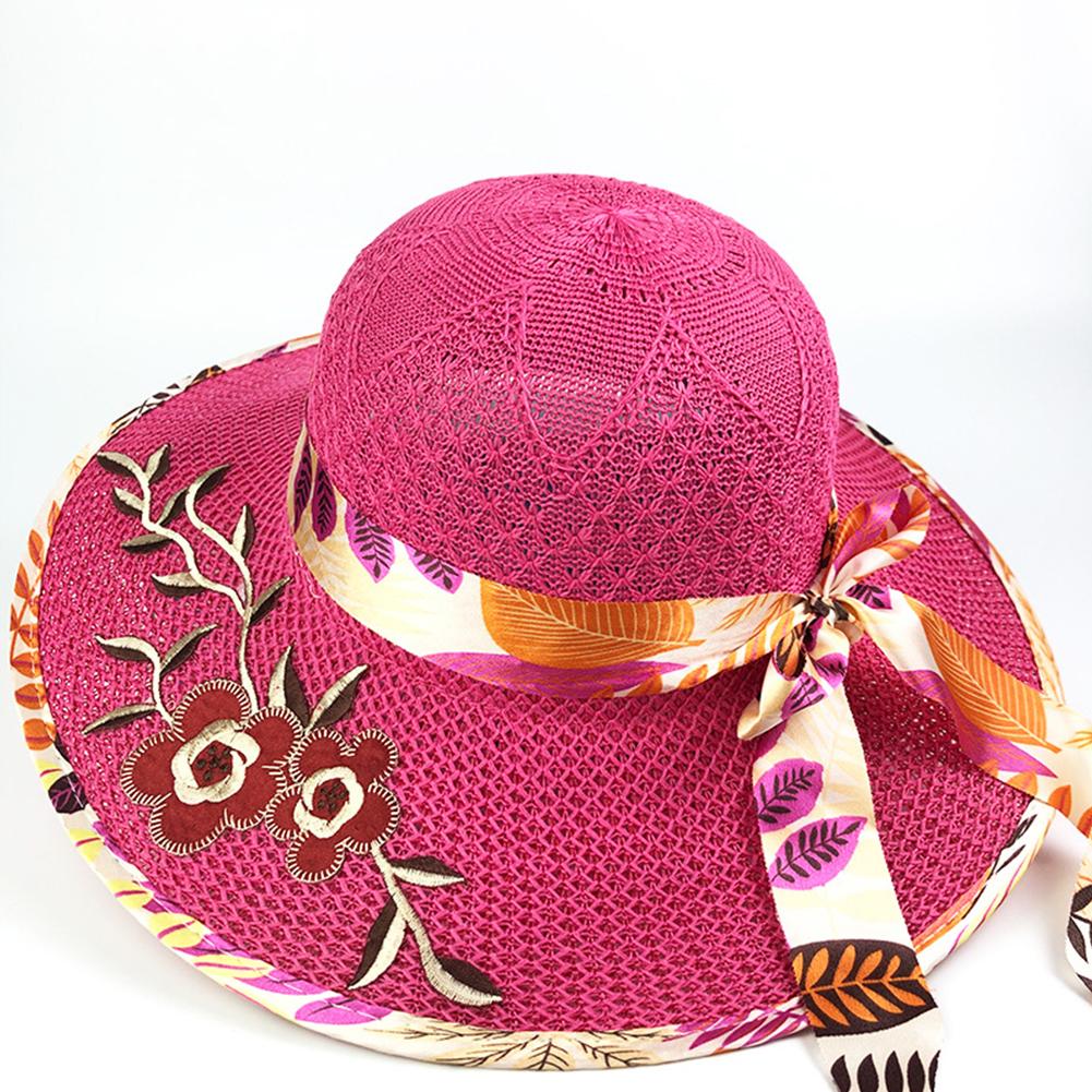 Шляпы Женские Летние Шляпы от Солнца Приморские Шляпы от Солнца Вышитые Соломенные Шляпы с Широкими Полями Женские Шляпы от Солнца розы красного