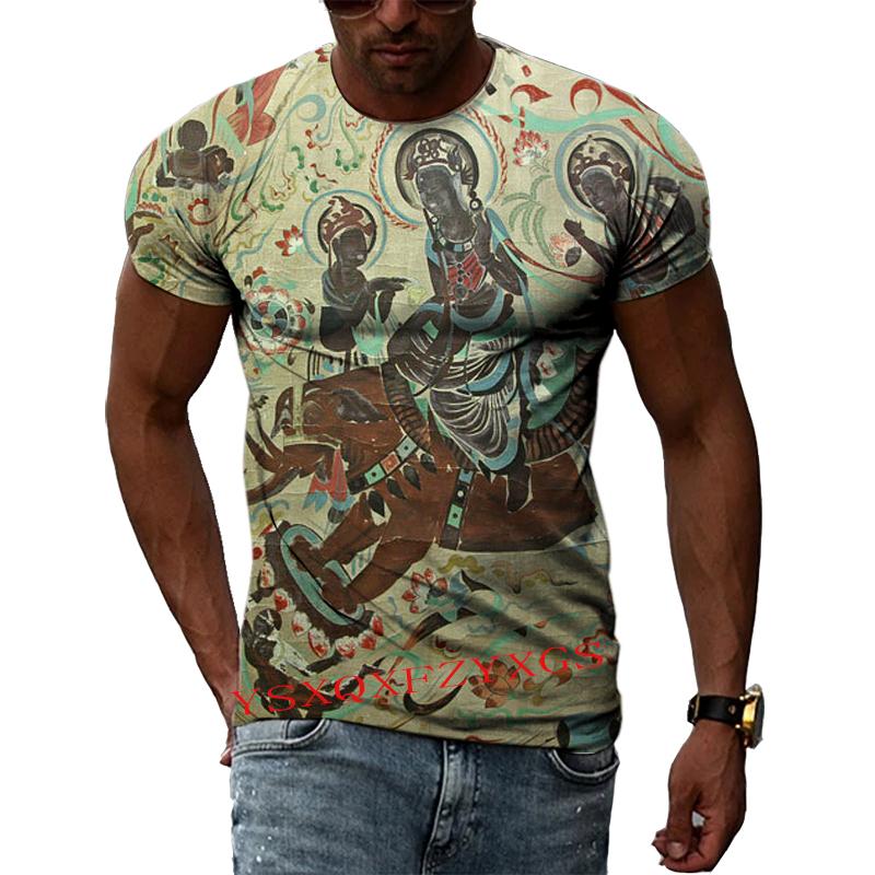 China Dunhuang Mural Art 3D Harajuku Printed Men's And Women's Summer Short-Sleeved Round Neck Literary Fashion T-shirt Top