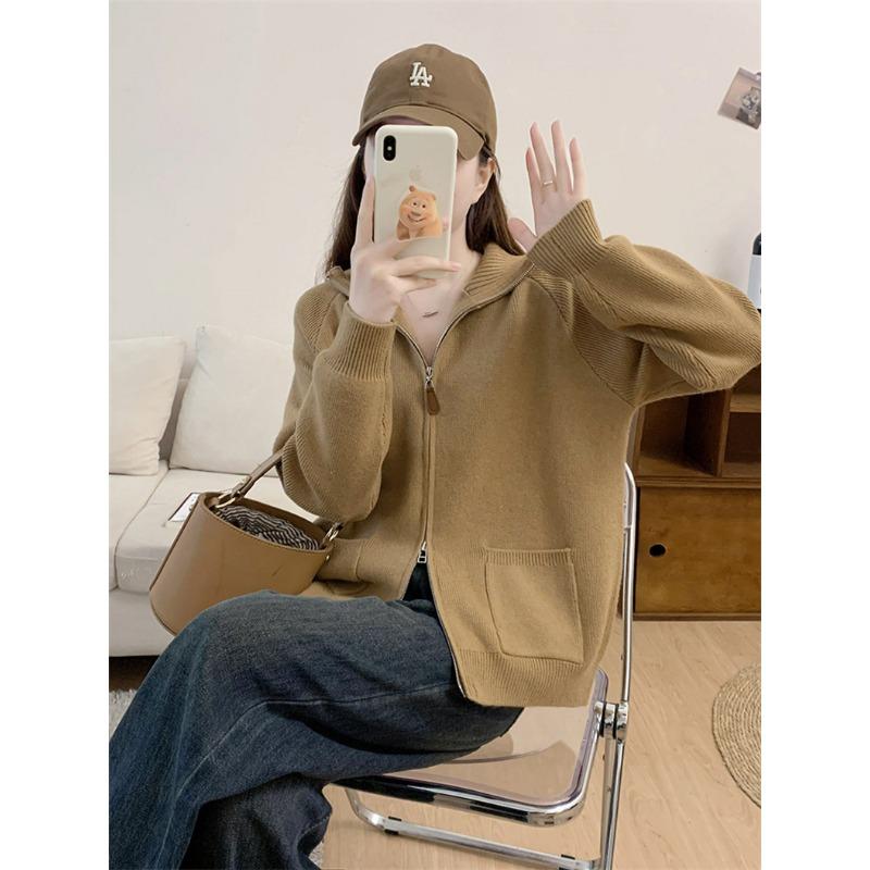 Autumn and Winter New Double Zipper Lapel Knitted Cardigan Women's Solid Color Sweater Jacket Loose Style Top Trendy