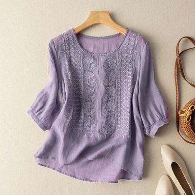Damen Besticktes Baumwoll- & Leinen Sommer T-Shirt mit Puffärmeln