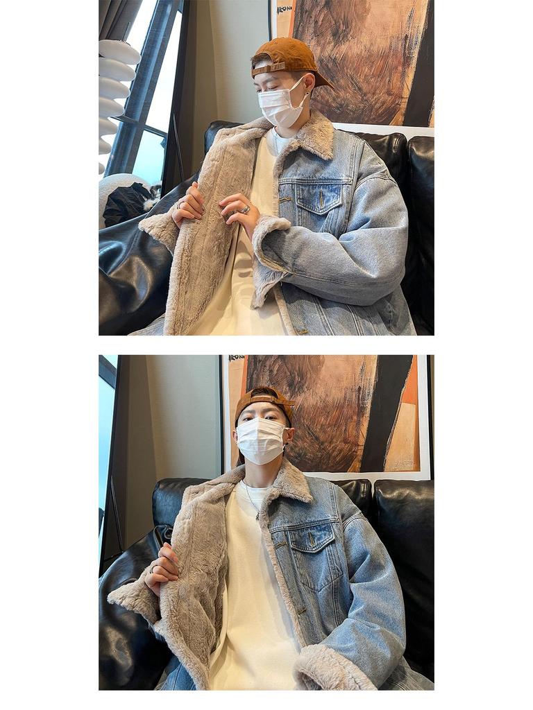 Men's Winter Denim Cotton Jacket with Velvet, American Style, High Street Look, Thick and Loose Fit