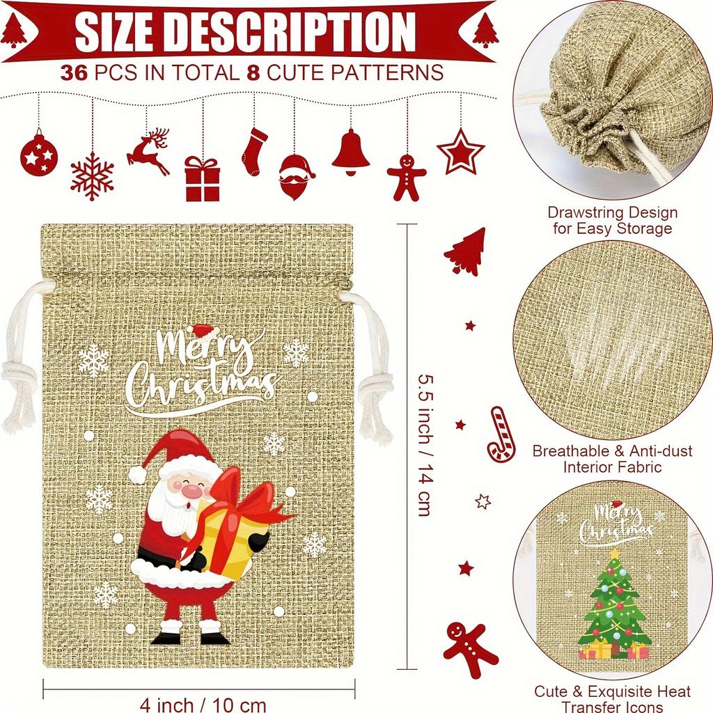 8/32pcs Christmas Burlap Gift Bags with Drawstring - Festive Linen Holiday Party Favors, Small Jute Bags for Gift Wrapping