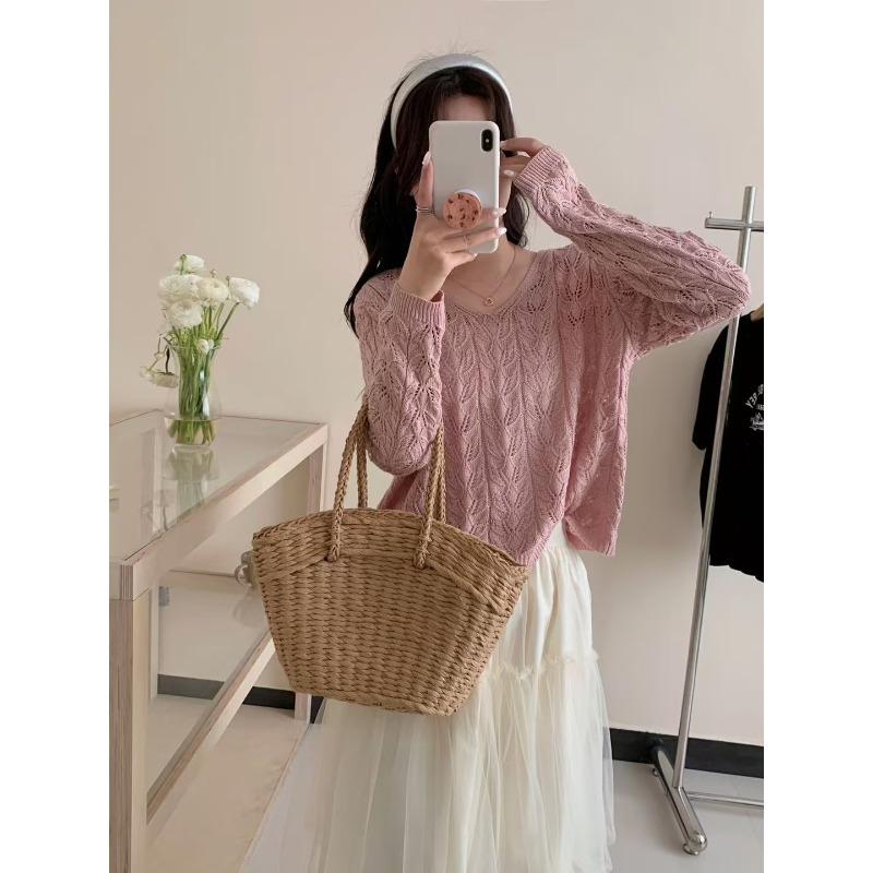 

Loose hollow crochet knitted sweater top spring and summer new gentle wind versatile sweater pullover woman one size fits all розовый