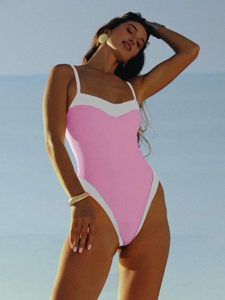 Beachwear Bikini 2025 New Cute Pink Colorblock One-Piece Swimsuit Mini Bodysuit High Slit Swimsuit K272