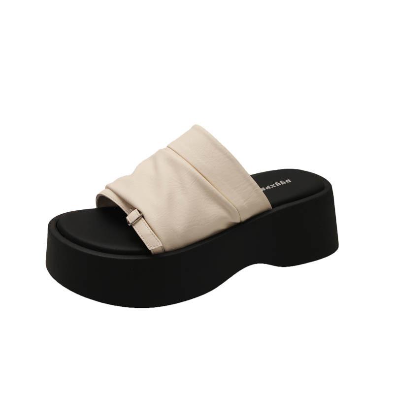 Thick-soled heightened wrinkled leather one-word slippers women's summer new outer wear soft leather soft waxy muffin bottom sandals