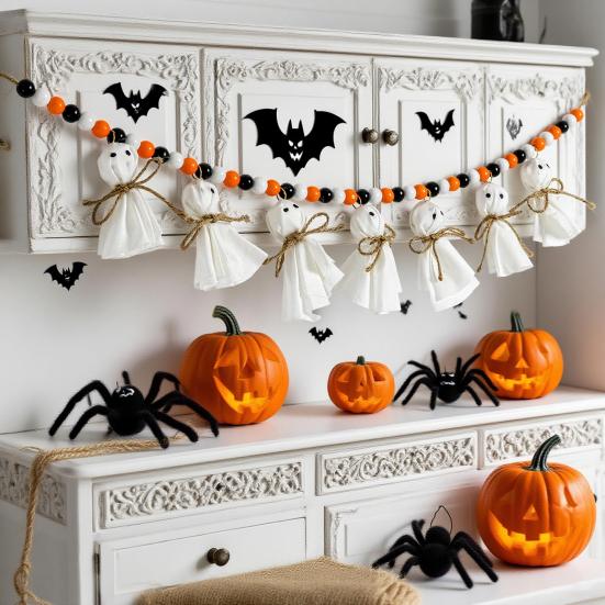 7.2FT Halloween Ghost Garland with Wooden Beads Handmade Rustic White Ghost Decor Vintage Farmhouse